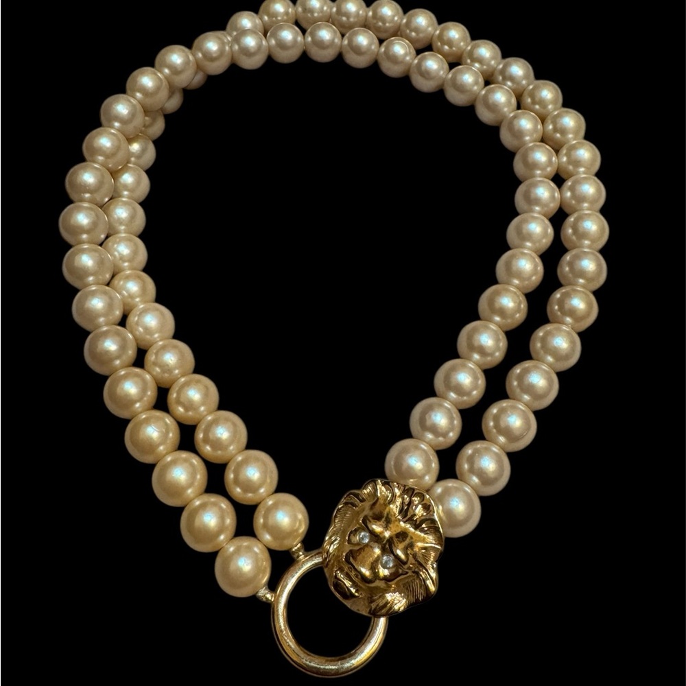Kenneth Jay Lane Vintage Double Strand Lion Door Knocker Signed Necklace
